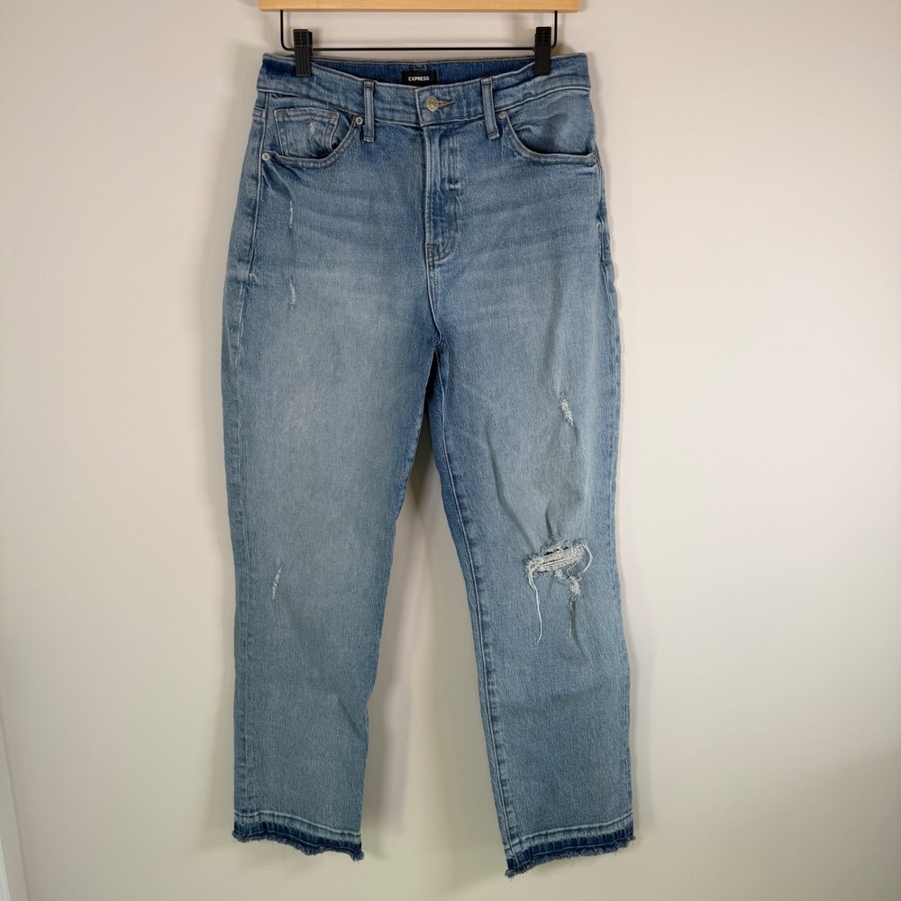 Express Straight Ankle High Rise Raw Hem Ripped Light Wash Denim Blue Jeans 8R